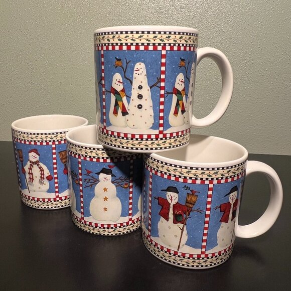 Set of 4 Vintage Sakura SNOWMAN Stoneware Mugs with Artwork by Debbie Mumm 1998 - Picture 1 of 12